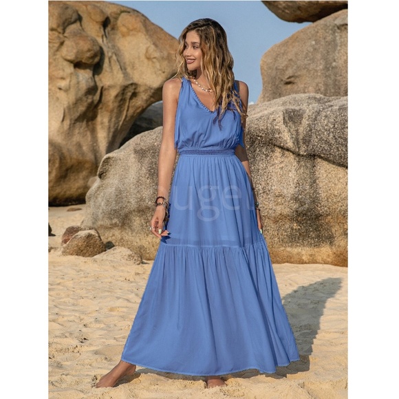 Blue Maxi Dress V-Neck Flared Flowy Tie Straps Embroidered Trim - Picture 3 of 7
